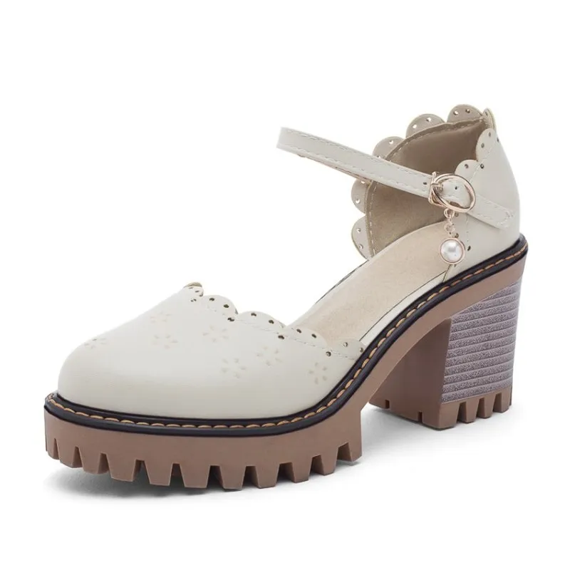 Туфли-лодочки на Высоком толстом каблуке с жемчугом круглым носком и пряжкой