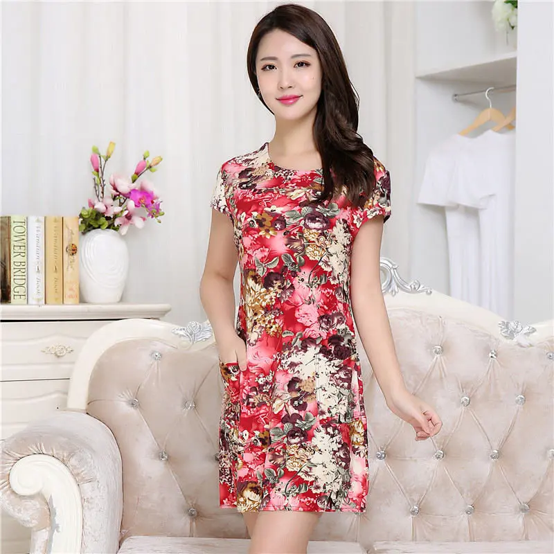 2017 Лето Dress Женщины О Шея С Коротким Рукавом Печати Платья Эластичный Пояс Колен
