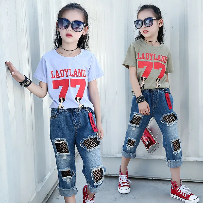 Kids Clothes Girl Summer Cotton T-shirt and Black Nets Denim Trousers Children's Clothing Sets 4-14 Ages Teen Girls sports suit | Детская