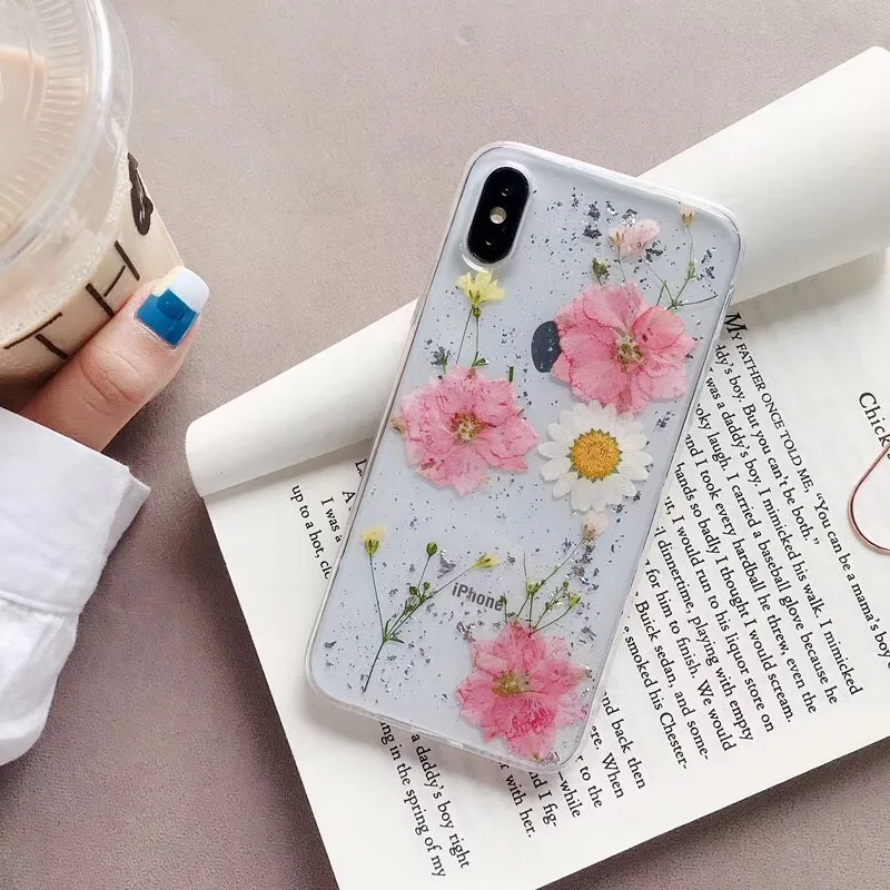 Tfshining INS Real Dried Flower Glitter Bling Case For iPhone 11 X 6 7 8 Plus XR XS Max Pro Transparent Girls Cover | Мобильные