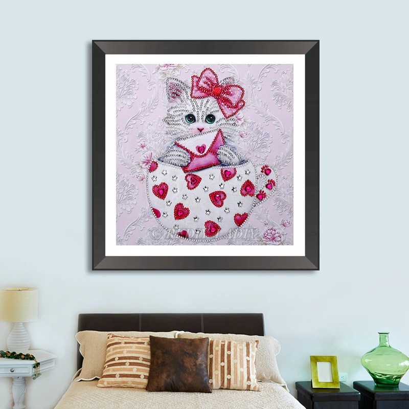 Special Shaped Diamond Painting Cat Cup Embroidery Cartoon Shining Round Mosaic Picture Of Rhinestones 25x25cm | Дом и сад