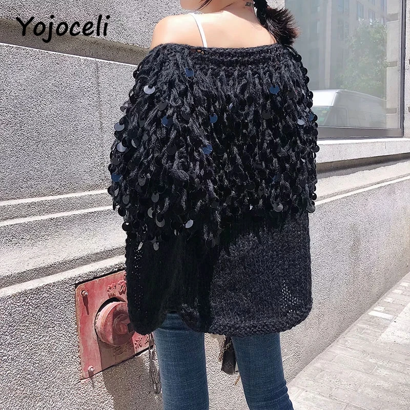 Yojoceli chic 2018 осень witner Блестки bling вязаный свитер Открыть стежка ручной работы