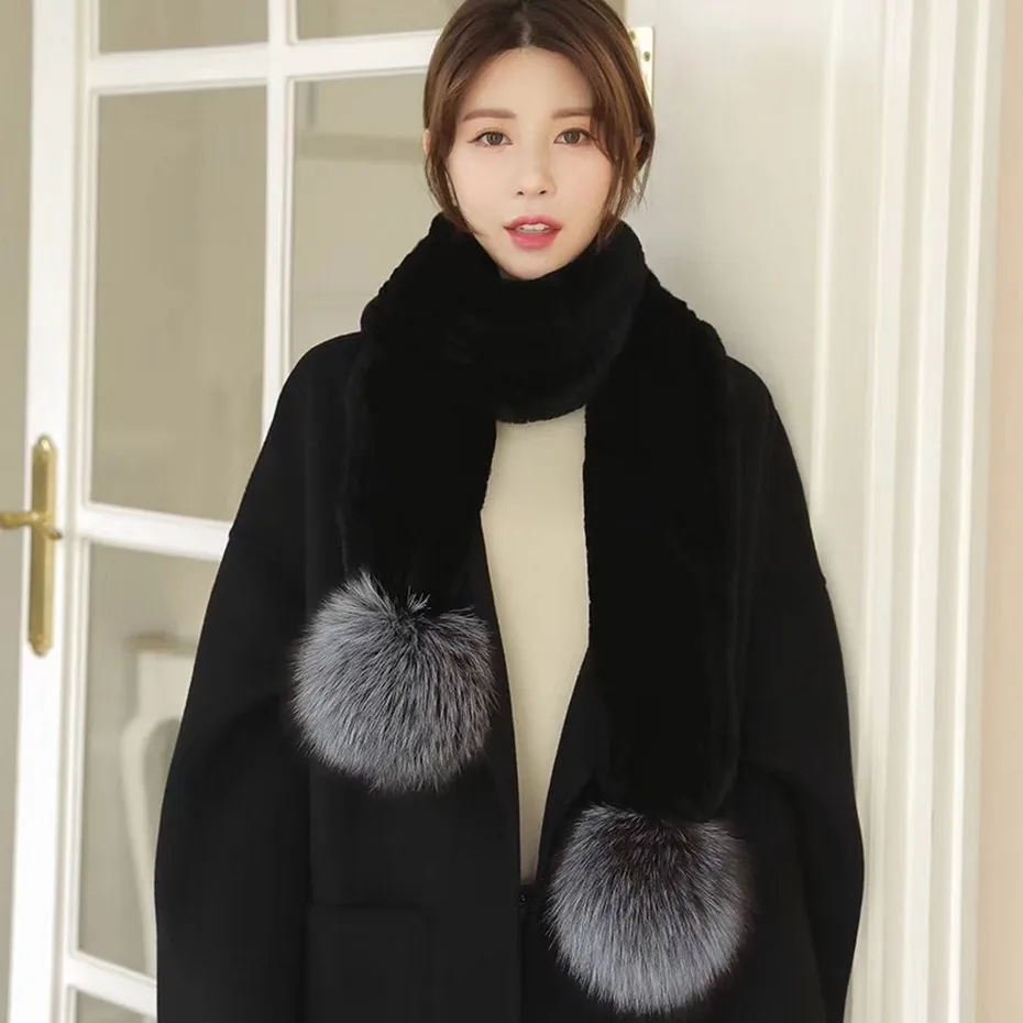 

2020 FXFURS Fashion Style Genuine Rex Rabbit Fur Scarf 160x12CM Silver Fox Fur Pompoms Big Balls Black Rabbit Fur Wrap Muffler