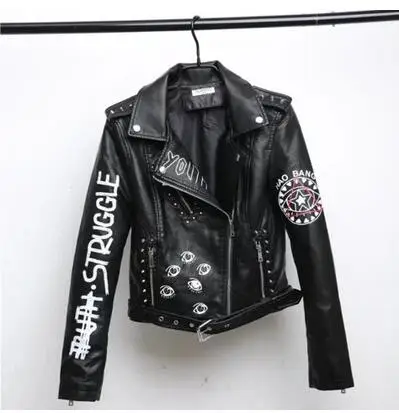 

VOLALO Spring Autumn 2023 New Rivets Letters Print Motorcycle Leather Short Fashion Hip-hop Jacket Women's Coats Female Outwear