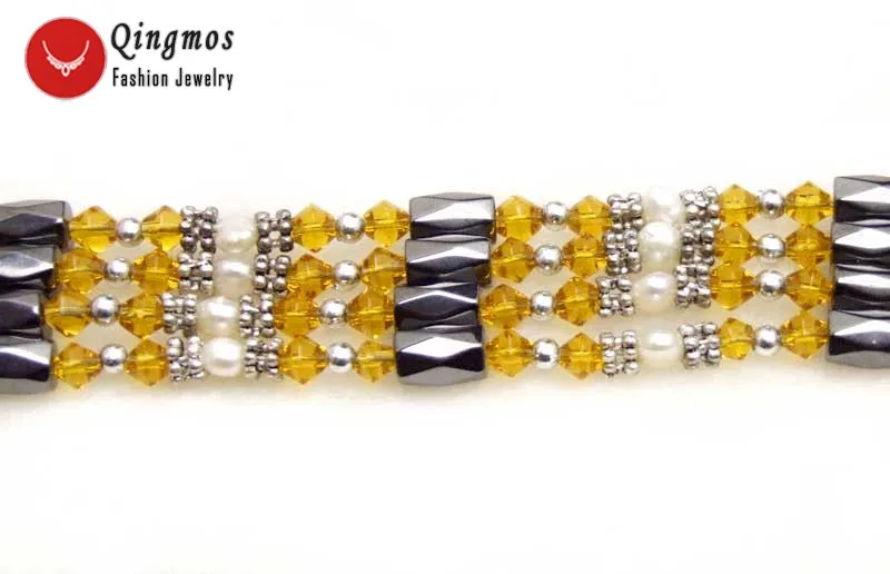 Qingmos 4-5mm Natural White Baroque Pearl Bracelet for Women with Orange Crystal &amp Black Hematite Long Necklace 36'' | Украшения