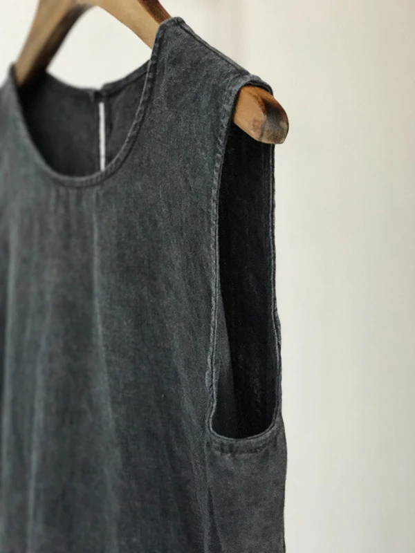 Женское винтажное платье жилет LinenAll темно серое с длинными рукавами из пеньковой