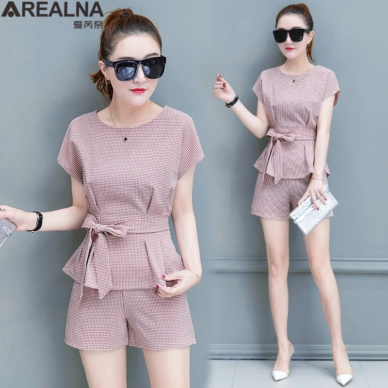 

Summer sexy Belt Women Tops +shorts two piece set Casual plaid Shirt Feminine Office Suit Set Women's Costumes Hot Short Sets