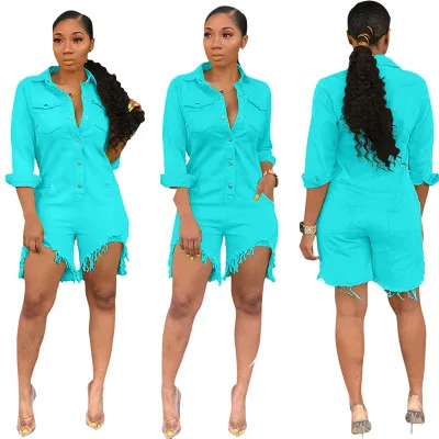 2019 женский джинсовый Ромпер выше колена на пуговицах с отложным воротником и