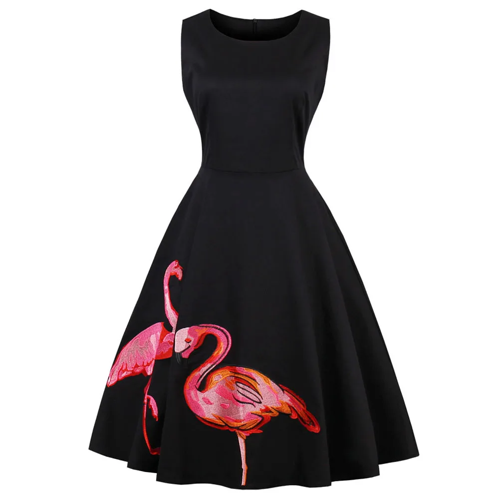 Женское винтажное платье без рукавов с вышивкой в виде фламинго|vestido de festa|vintage dress