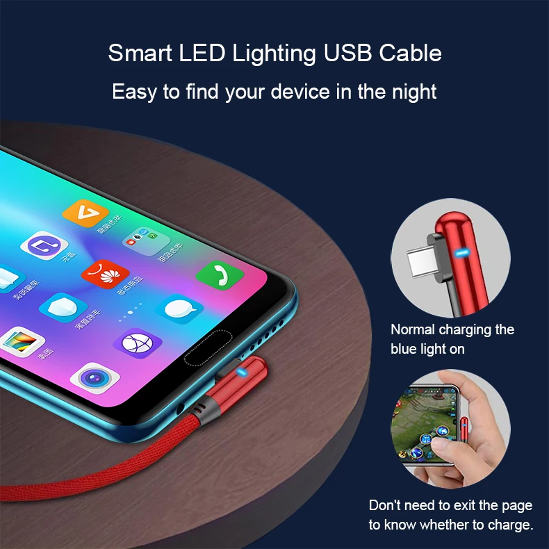 Светодиодный кабель usb type C на 90 градусов для iPhone Micro Quick Charge USB-C кабель для Xiaomi Redmi Note 7 для samsung S10 A50 Tipe-C