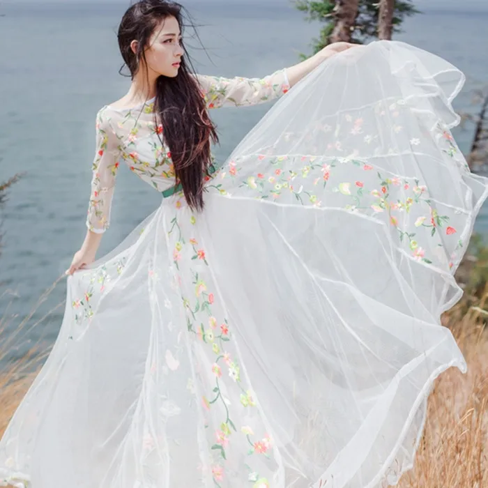 Новый белый three квартал рукава о-образным вырезом вышивка кружева длинные dress