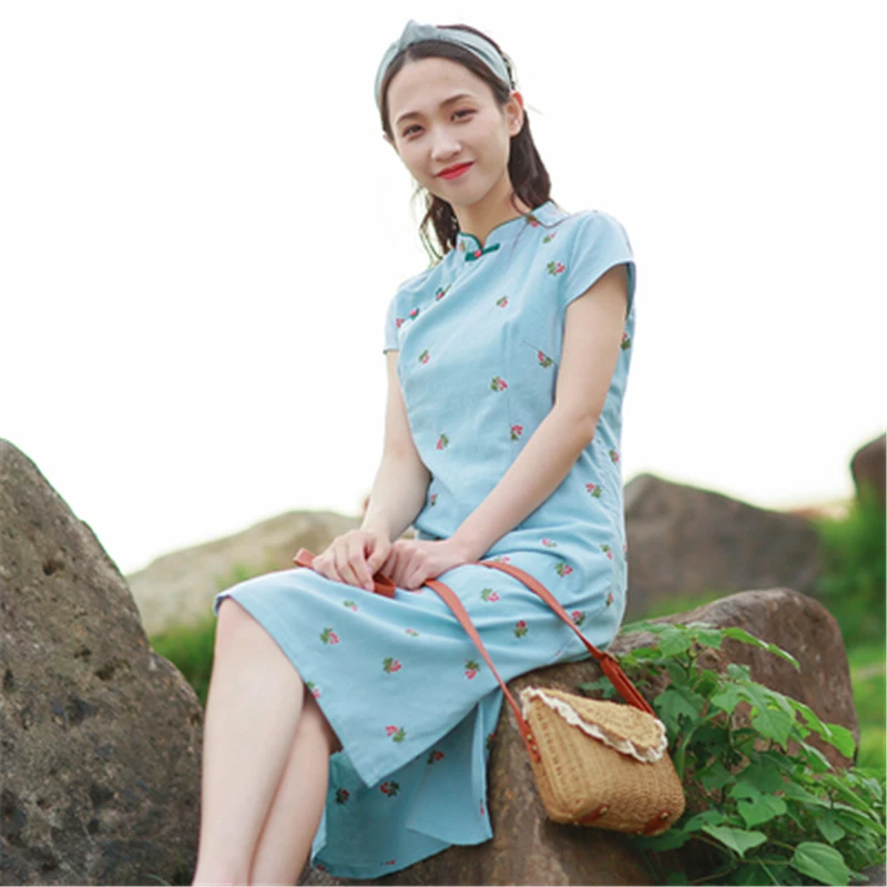 Китайское традиционное платье Ципао китайское из хлопка и льна лето 2019 | Женская