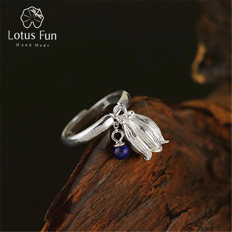 Lotus Fun реальные 925 Серебро природный камень Лазурит ручной Творческий дизайнер
