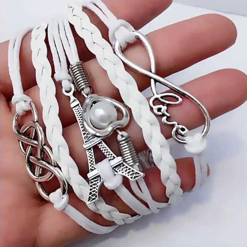 Женский кожаный браслет с шармами изображением Эйфелевой башни в виде сердца и