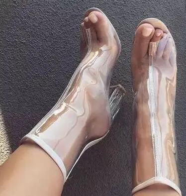 Designer Clear Plastic Boots See Through PVC Women Short Back Zipper Block Heel Transparent Ankle for |