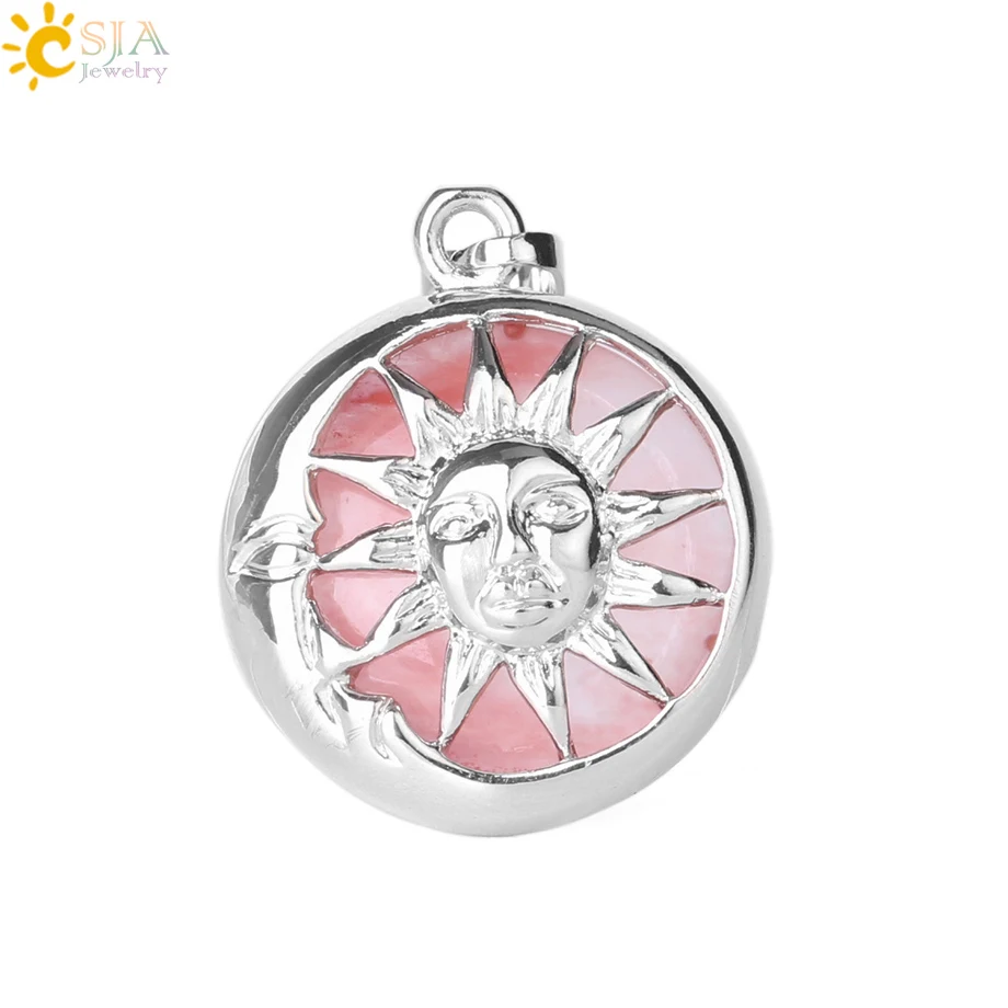Подвеска на ожерелье CSJA Moon Sun God Серебряная коробка с натуральным камнем круглые