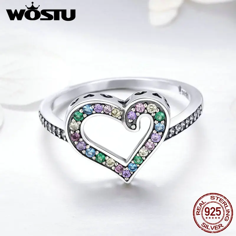 WOSTU 100% 925 пробы Серебряное красочное Радужное Сердце CZ болтающееся кольцо на