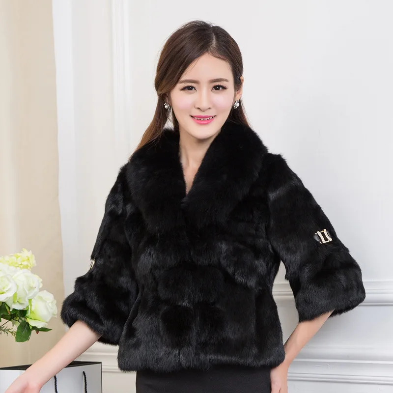 

2019 new winter fox fur collar natural rabbit fur coat outerwear women short sleeve skin leather fur jacket female fur clothes