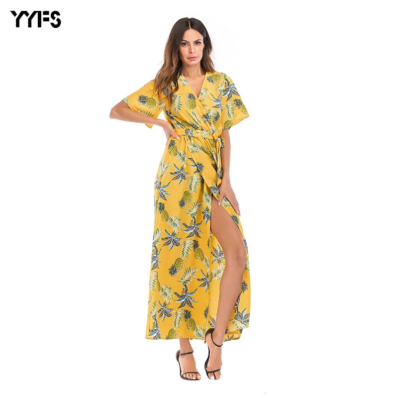 YYFS 2019 New Summer Dress Women Flower Floral Print Chiffon Boho Short Sleeve V neck Beach Party maxi dress women | Женская одежда