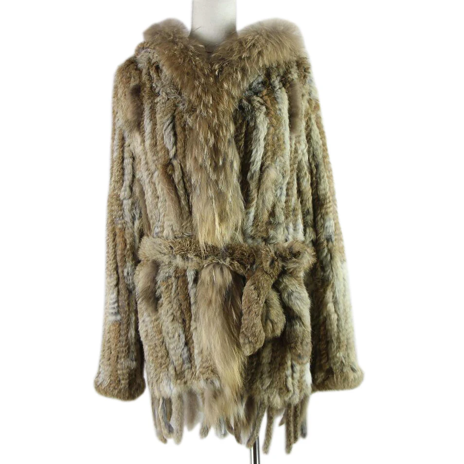 free shipping lady knitted Real rabbit fur coat/ jacket/ outware with hood women belt long with tassels 2019 Brazil hot sale