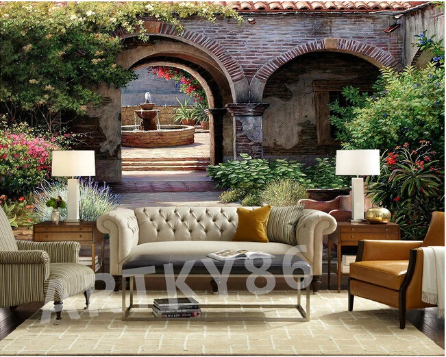 

Custom garden wall paper, fountain flower landscape painting for the living room bedroom TV background wall waterproof wallpaper
