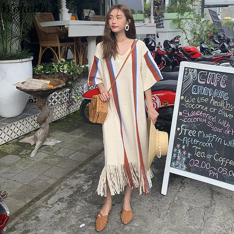 Женское длинное платье с кисточками Woherb повседневное винтажное в полоску