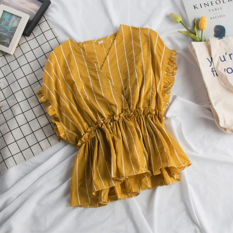 Женская блузка в полоску Woherb Повседневная Блузка с v образным вырезом и оборками