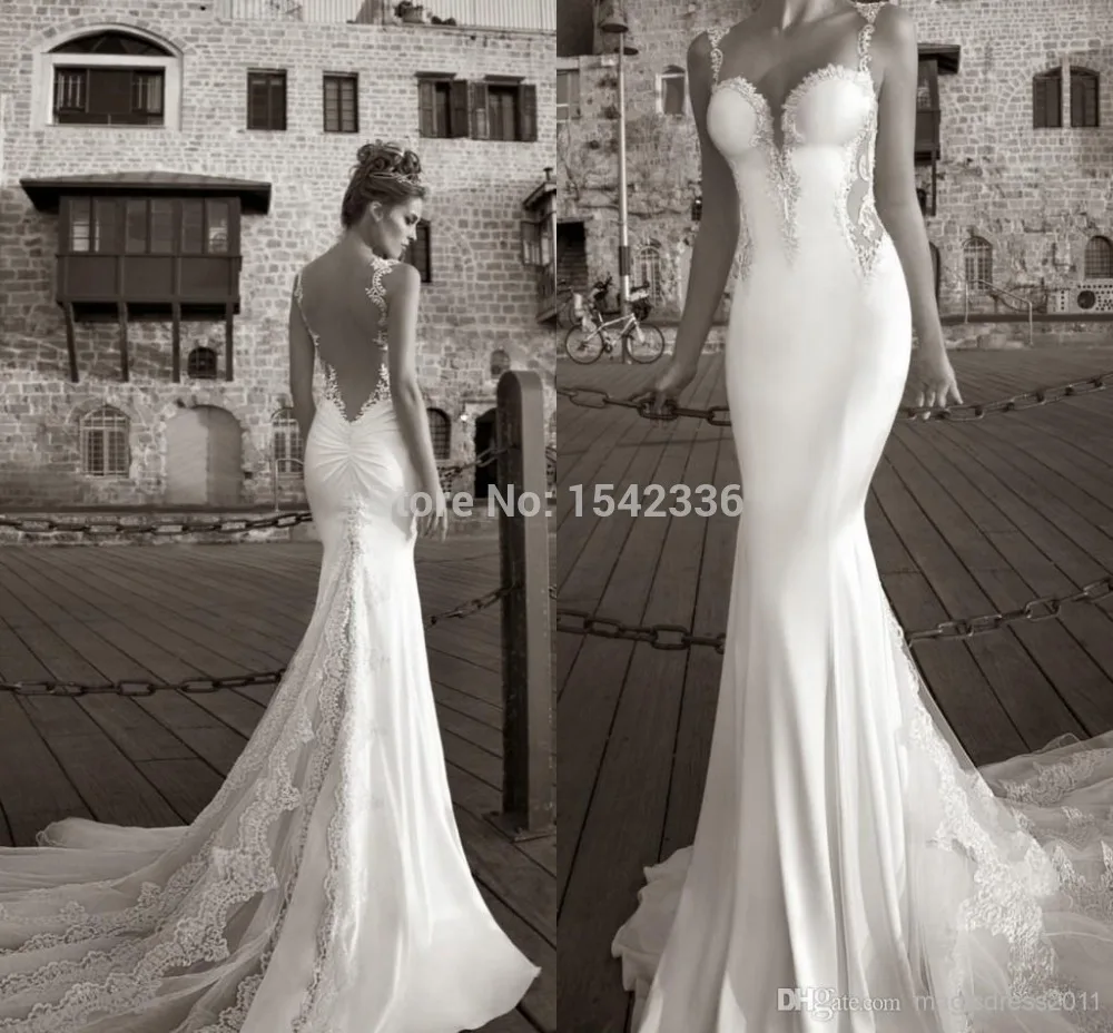Mermaid Wedding Dresses 2015 Galia Lahav Summer Lace Bare Back Dress Bridal Gown Sheer Straps Tiers Sweep-train | Свадьбы и
