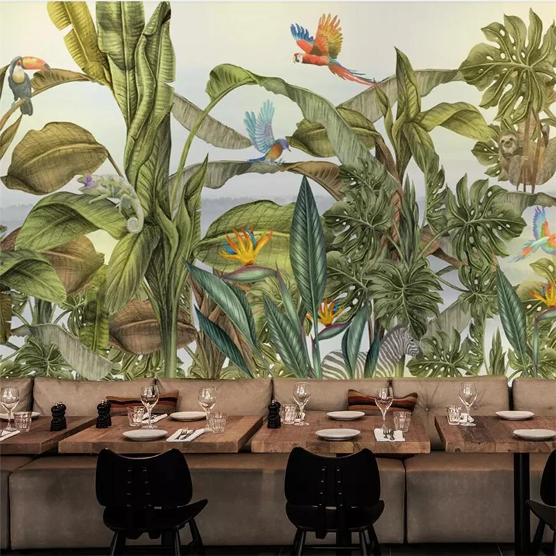 wellyu Hand-painted tropical rainforest plants flowers and birds animals forest background wall custom large mural wallpaper |
