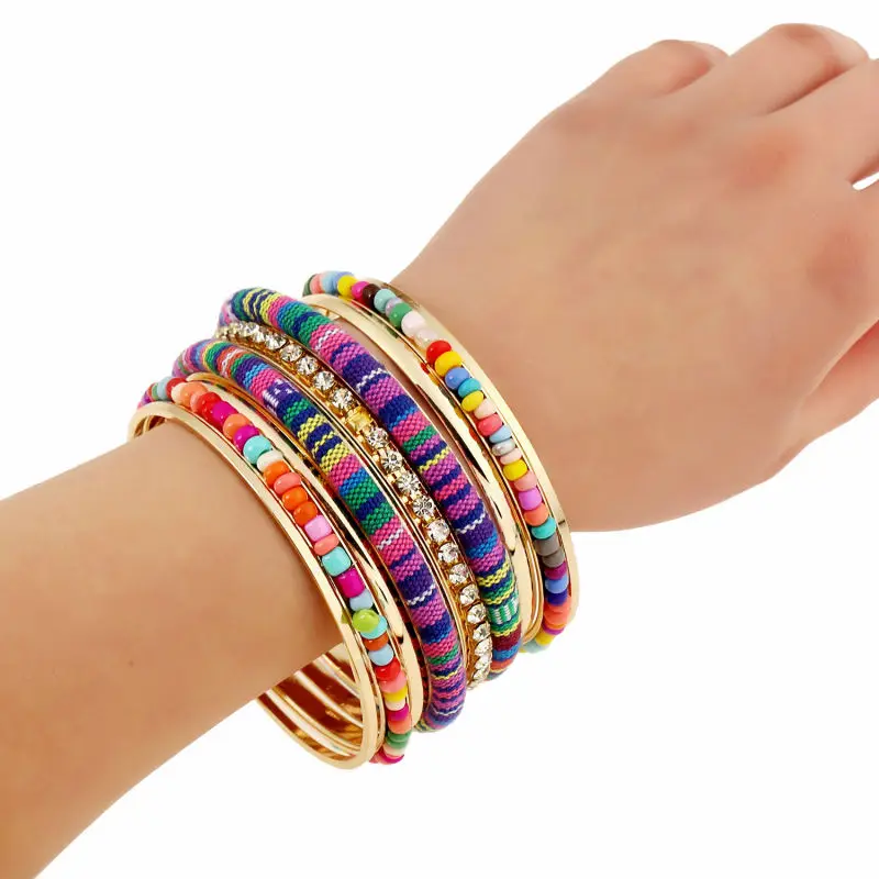 New Bohemia 9 pcs big Statement multilayer bracelet &amp bangle for women handmade Multi color crystal resin Beads Bangles | Украшения и