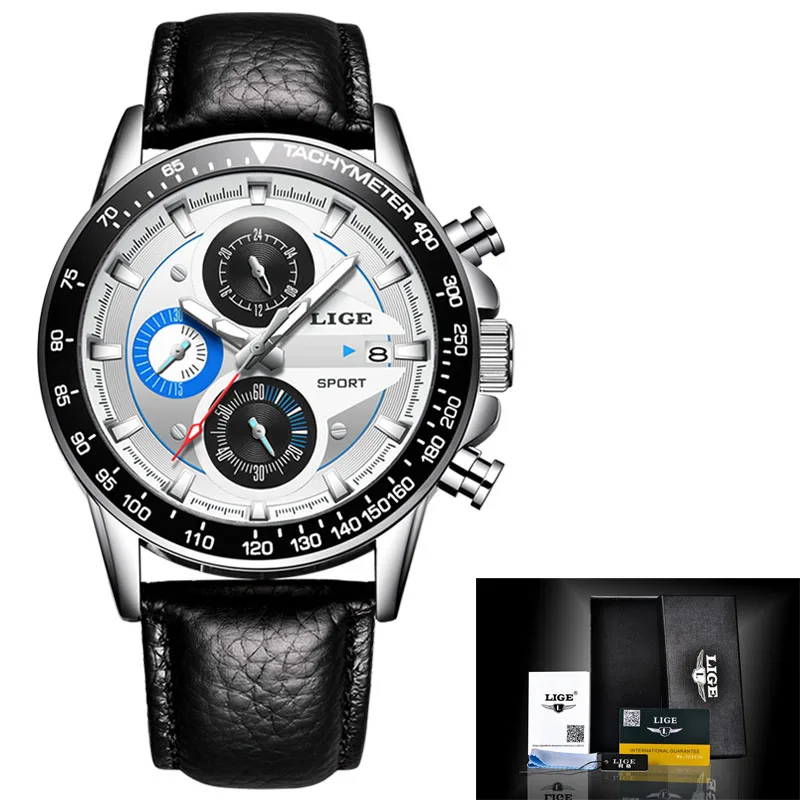 Leather silver blue Relogio Masculino LIGE мужские s часы лучший бренд класса люкс Бизнес Кварцевые часы мужские повседневные кожаные водонепроницаемые спортивные ремешок для наручных часов - Цвет: Leather silver blue