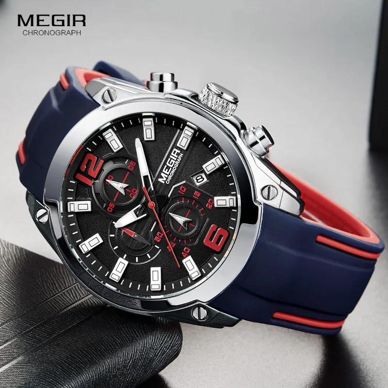 

Megir Men's Chronograph Analog Quartz Watch with Date, Luminous Hands, Waterproof Silicone Rubber Strap Wristswatch for M