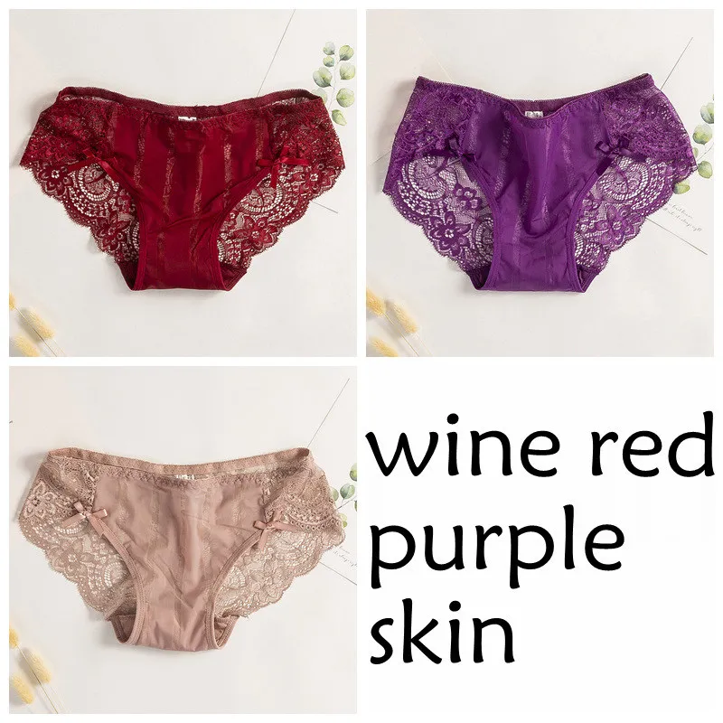 wine-red purple skin SP& CITY, 3 шт., однотонный кружевной сексуальный комплект нижнего белья с вышивкой, женские бесшовные трусики с бантом, прозрачные трусы, женское нижнее белье, стринги - Цвет: wine-red purple skin