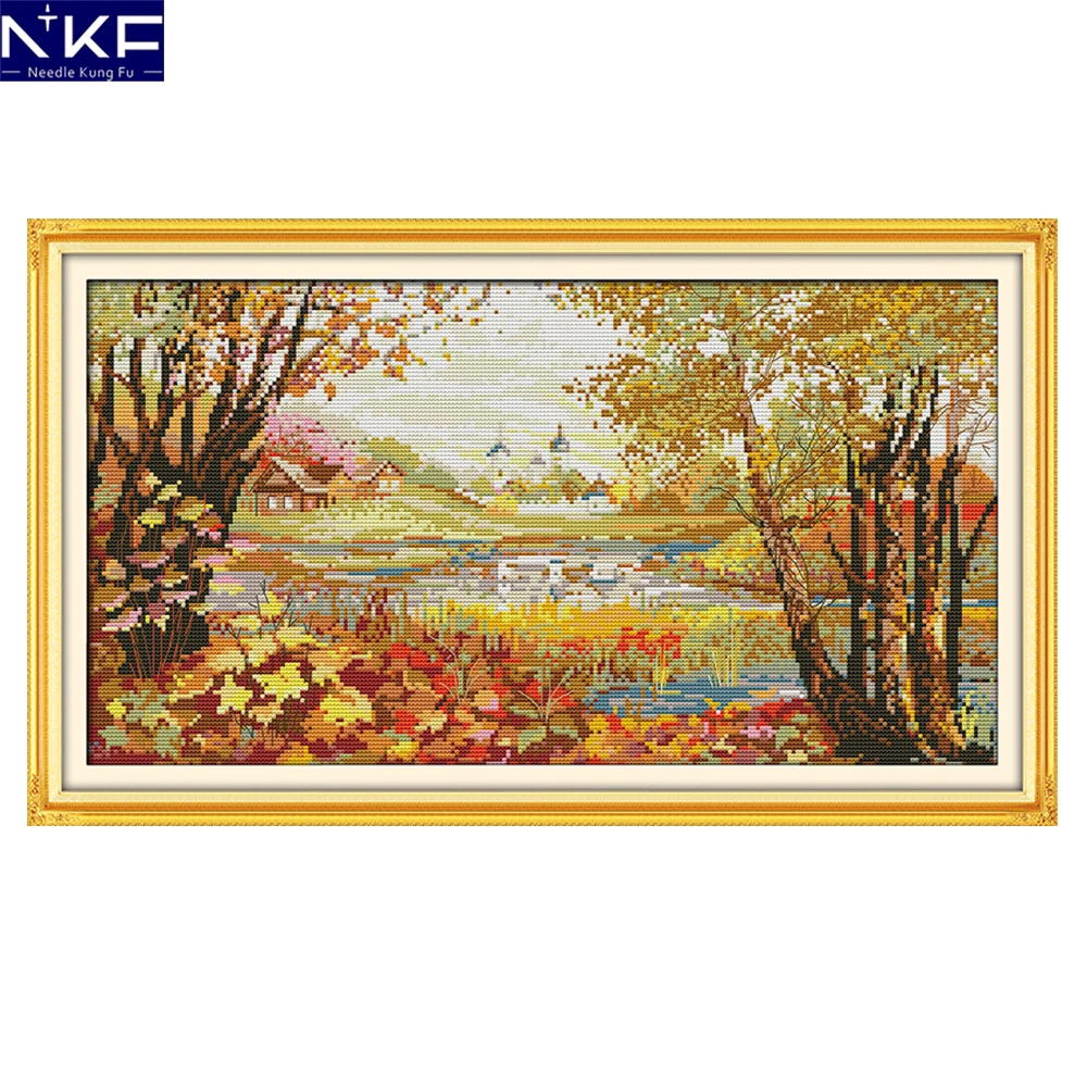 

NKF Beautiful View of Lake Counted Cross Stitch Painting DIY Needlework Embroidery Scenery Cross Stitch Kits for Home Decor