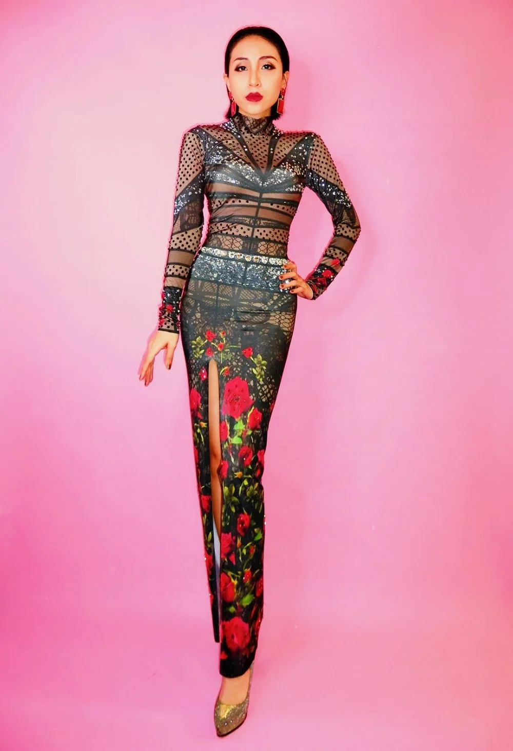 New Black Rhinestones Cheongsam Printed Flowers Dress Skinny Evening Wear Women's Prom Birthday Celebrate Dresses | Тематическая