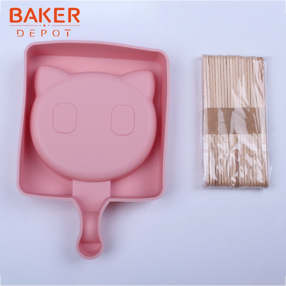 BAKER DEPOT, силиконовая форма для мороженого, форма кошки, замороженный кубик льда, поднос для детских конфет, леденец, инструмент для кубиков льда с деревянной палочкой