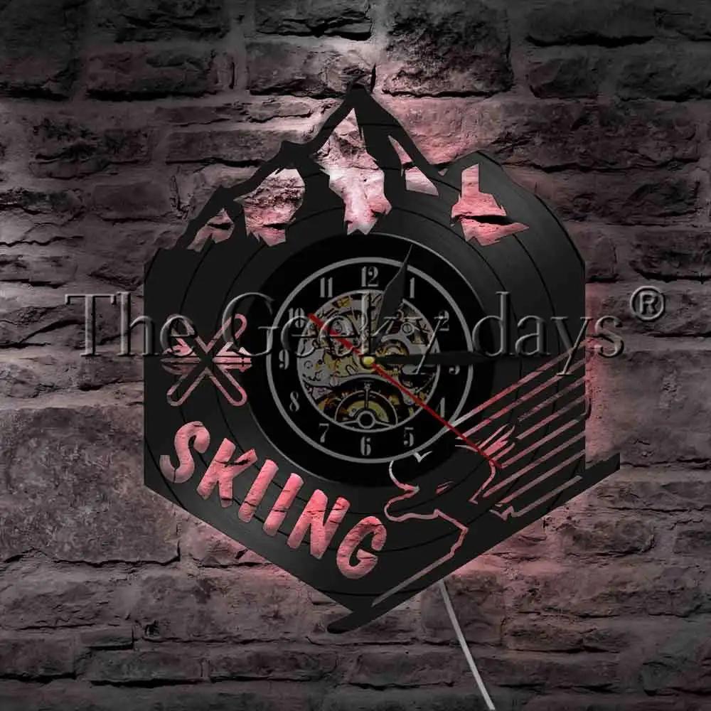 Ing Winter Extreme Sport Vinyl Record Wall Clock Mountain Skiing Home Decor Wall Watch Led Hanging Lamp