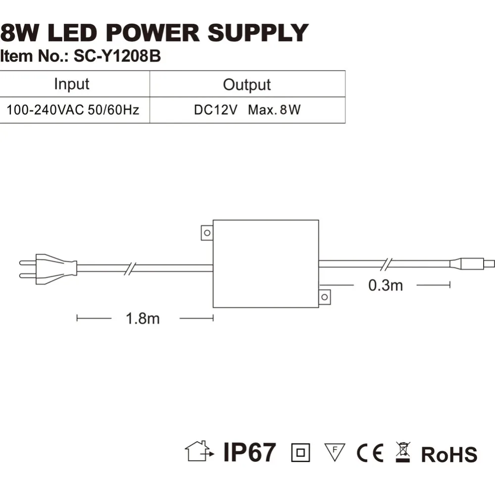 

IP67 Waterproof DC12V 8W Transformer Power Supply Driver for LED Light Outdoor or Indoor EU,US,UK,AU plug