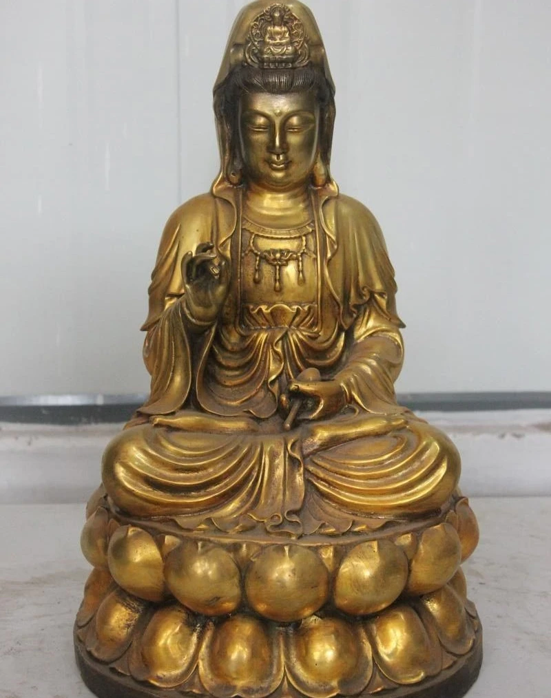 15&quot Tibet Buddhism Bronze copper Kwan-Yn GuanYin Bodhisattva Sit on Lotus Statue | Дом и сад