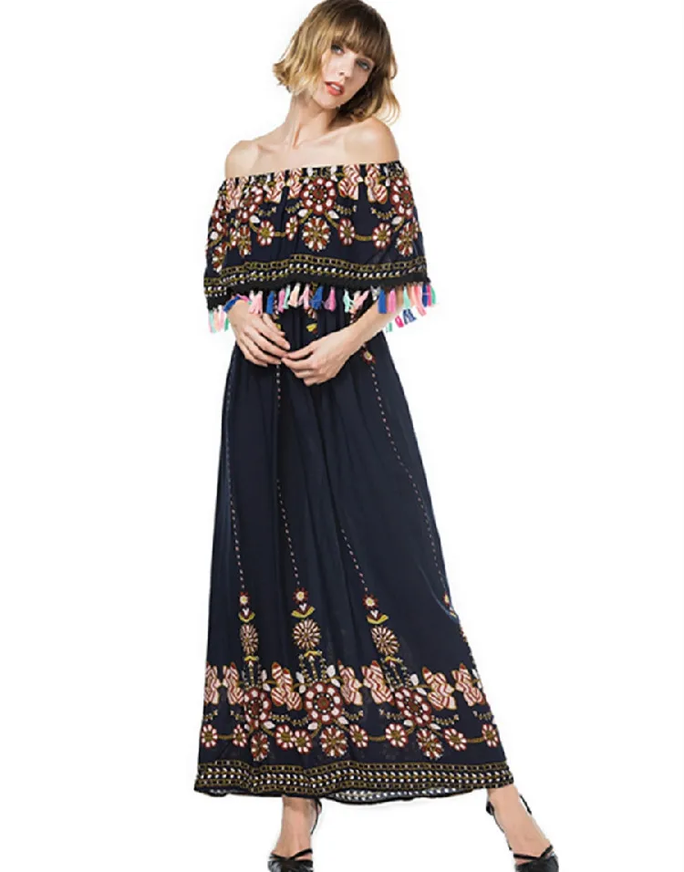 Boho Women Long Dress Elegant Vintage Flower Print Sexy Shift Tie Sleeve Bardot Off Shoulder Casual Party Maxi | Женская одежда
