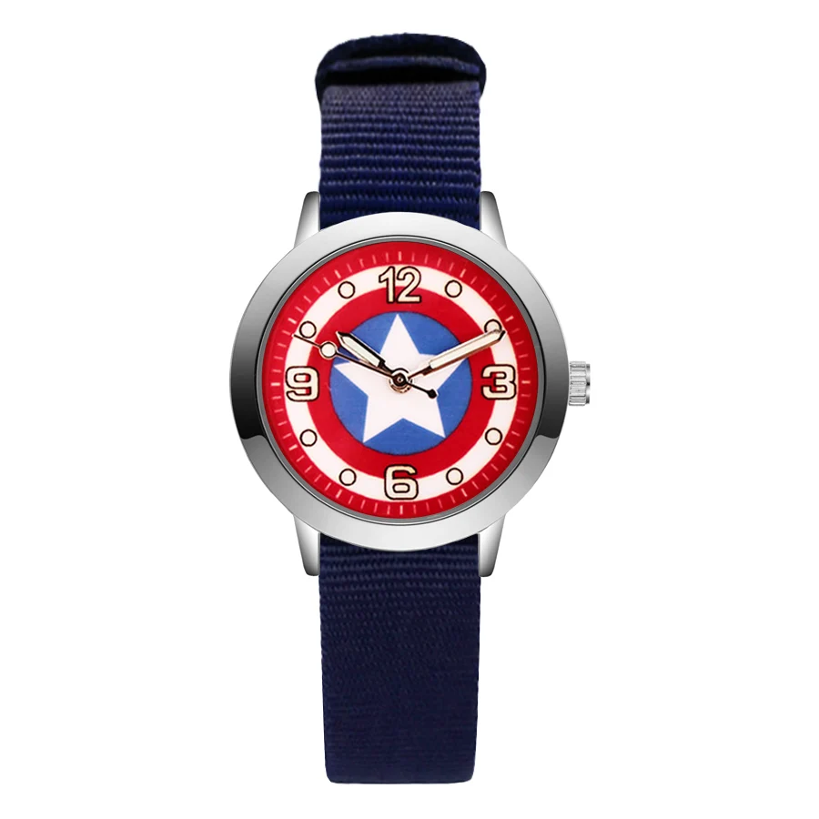 Navy blue Модные детские часы с милым рисунком Капитана Америки, кварцевые наручные часы с нейлоновым ремешком для мальчиков и девочек JA91 - Цвет: Navy blue