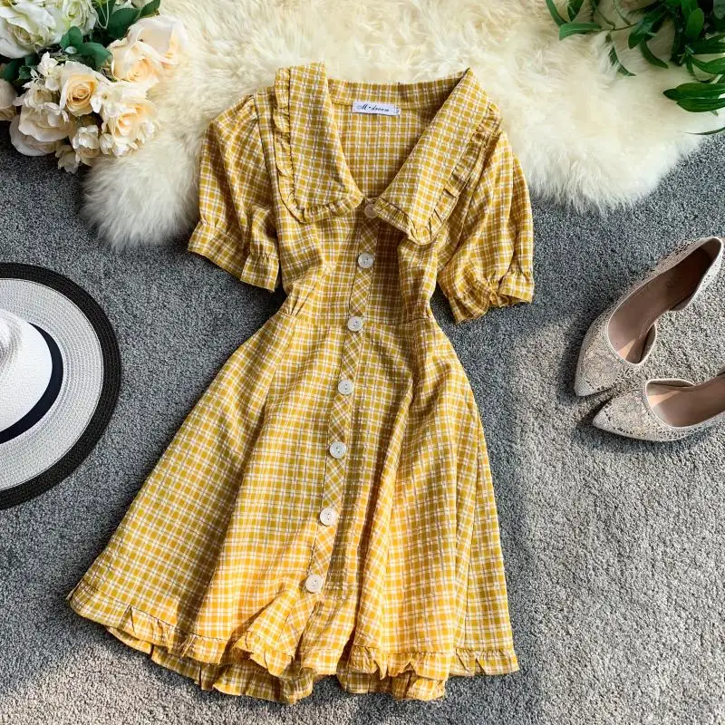 2019 Новое модное женское платье воротник Питер Пэн с пышными рукавами однобортные