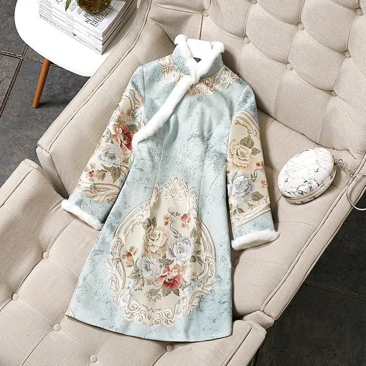 Китайское женское традиционное китайское зимнее теплое платье Cheongsam из кроличьей шерсти жаккардовое теплое тонкое модифицированное Qipao