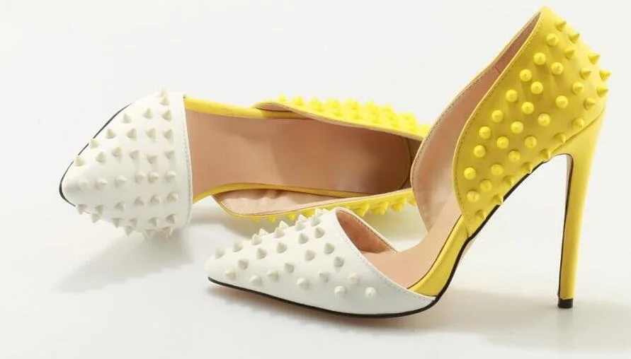 

Sexy White Yellow Rivet Pumps Women Shoes Pointed toe Cut-out Patchwork Studded Heels Women Shoes High Heels Plus Size Pumps