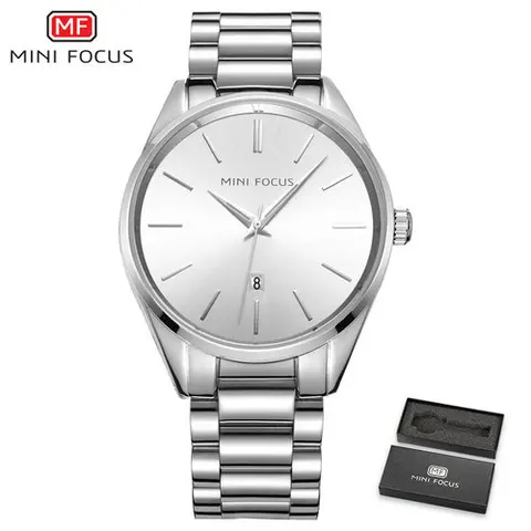Минималистичные кварцевые часы MINI FOCUS для мужчин, серебристые деловые мужские часы с календарем и окошком, роскошные часы топового бренда со стальным ремешком, 0050 г