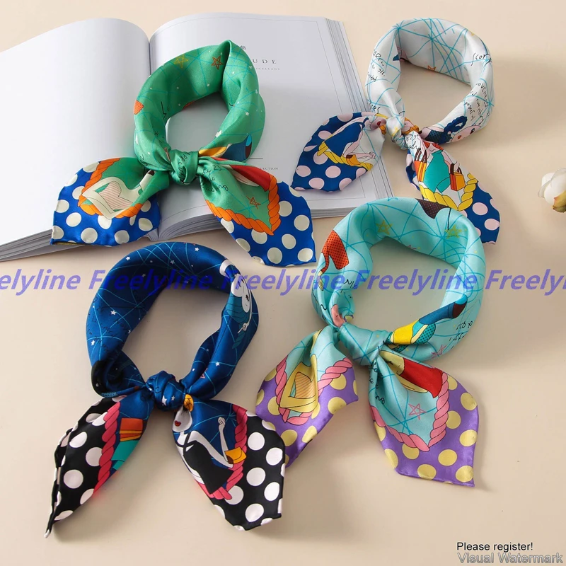 100% шелковый саржевый шарф с мультяшным принтом Модный маленький квадратный