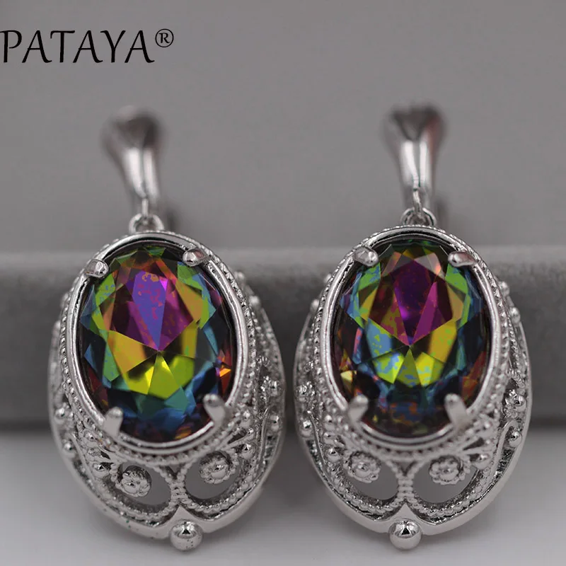 PATAYA, эксклюзивные сережки из настоящего белого золота, разноцветные Круглые висячие серьги из натурального циркония, женские вечерние ювелирные изделия