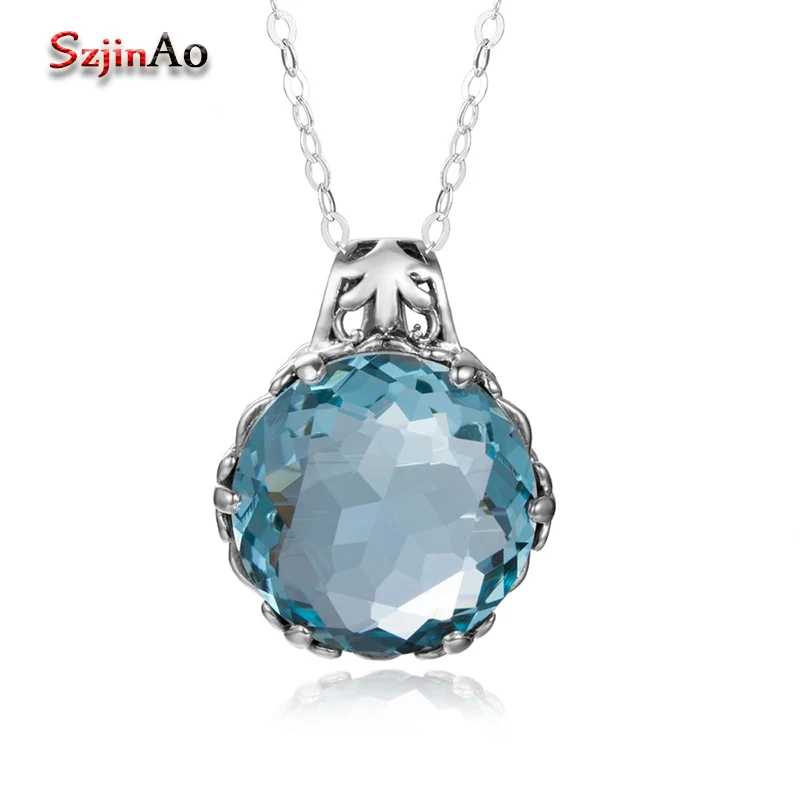 

Szjinao New Brand Unique Crown Aquamarine Necklaces & Pendants Real Sterling Silver Chain Handmade Fashion Jewelry For Women