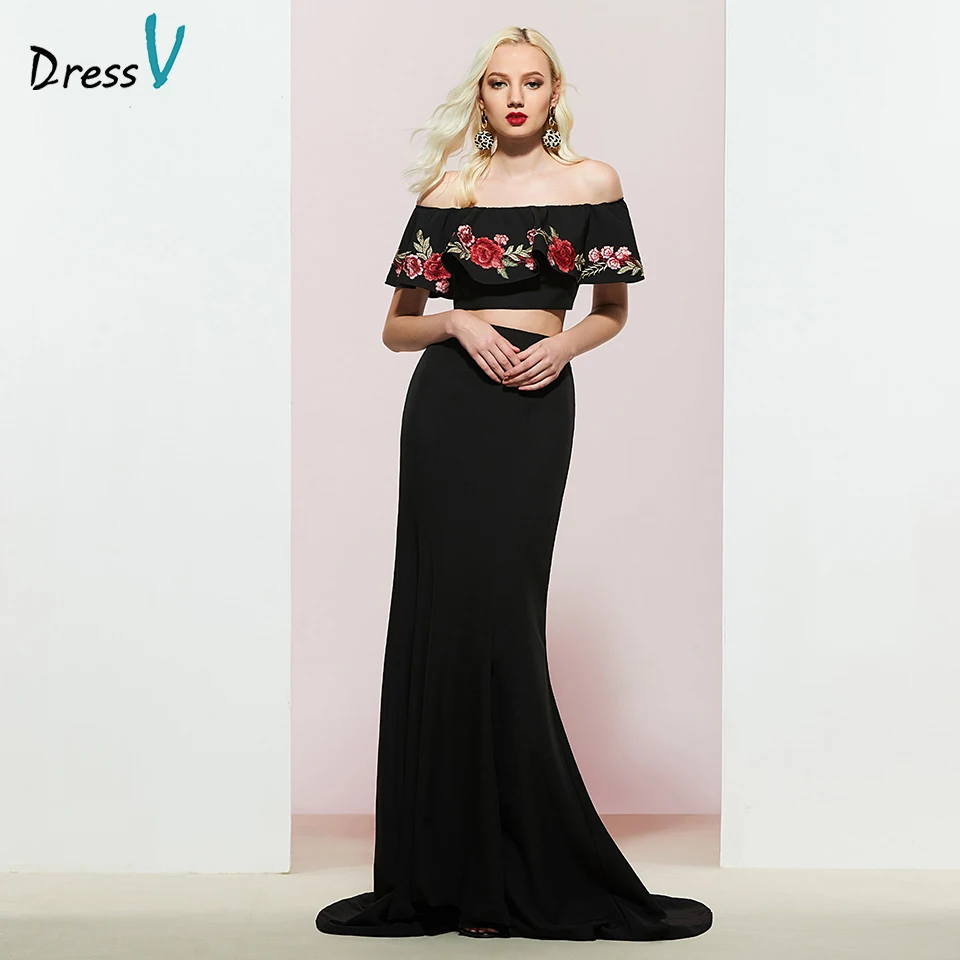 

Dressv элегантное черное платье для выпускного вечера с открытыми плечами и вышивкой Русалка без рукавов вечерние платья на заказ