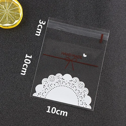 10x10cm 100 шт./лот, 7*7+ 3 см/10*10+ 3 см, милый кружевной бант, принт, самоклеющиеся подарочные пакеты для свадебной вечеринки, упаковки печенья, конфет - Цвет: 10x10cm